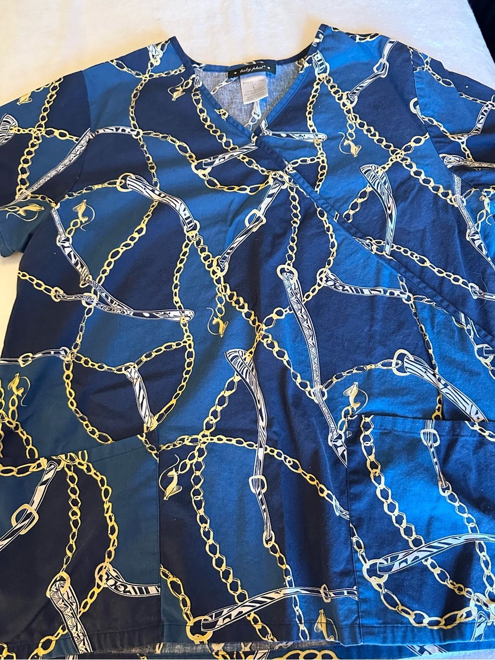 Baby Phat Blue and Gold Chain Print V-Neck Top